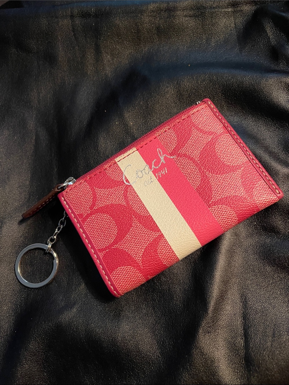 Coach Pink and Cream Signature Stripe Card Case with Key Ring